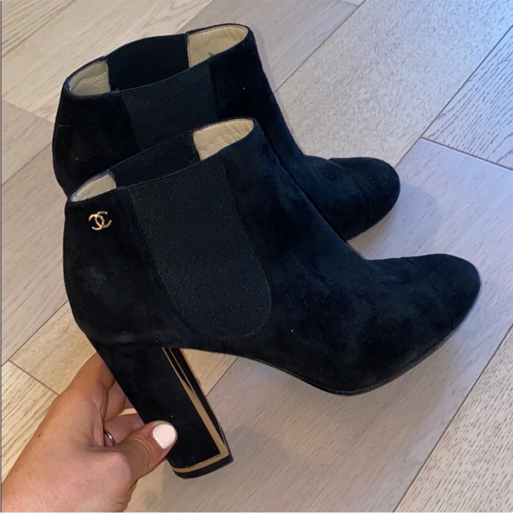 Chanel black suede booties w/ gold details